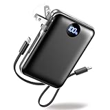 Sucrosey Portable Charger with Built-in Cables & Wall Plug, 10000mAh Power Bank, 4 Outputs 22.5W USB C Fast Charging, Slim Travel Battery Pack with LED Display for iPhone 17/16/15/14, Black