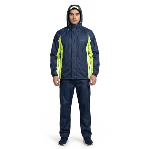 Image of Boldfit Rain Jacket for Men Waterproof Unisex Rain Coat and Pant Set, Raincoat Jacket, Easy Adjustable Rainwear Top and Bottom Set, Waterproof Bike Riding, Navy Yellow, M-L (1 Pair)