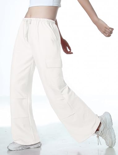 Image of EXARUS Girls Parachute Pants Cargo Hip Hop Wide Leg Baggy Y2K Teen | Tween Casual School Dance Streetwear with Pockets Elastic Waist Youth Junior Kids Bottoms Hiking 8-14Y
