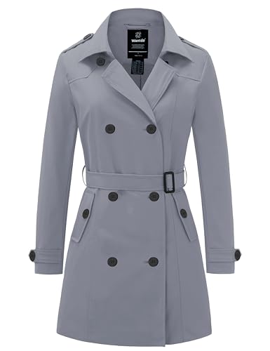 Wantdo Damski płaszcz na ramionach z paskiem trencz wiatroszczelny zapinany na guziki płaszcze dwurzędowe kurtki slim fit, Szary, M