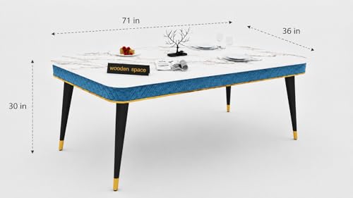 Image of WOODEN SPACE 6-Seater Wooden Dining Table Set | Nano Composite Marble Top | Solid Wood Base | Modern Dining Room Furniture with 6 Chairs (Blue Vento)