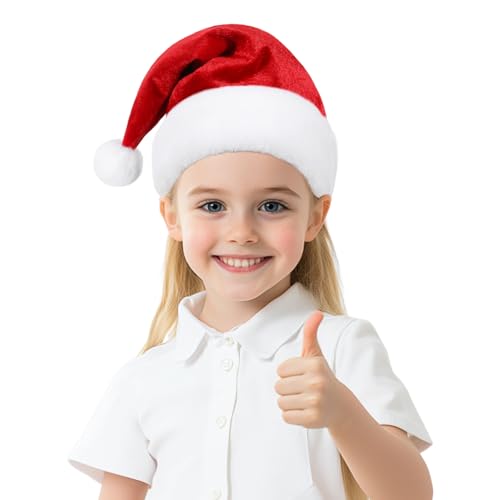 JKSVE Santa Hat for Kids, Velvet Christmas Hat with Pom Pom for Holiday Parties, Red