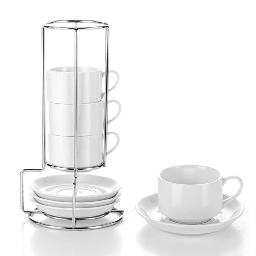 APACALI Lot de 4 tasses à cappuccino à paroi épaisse de 100 ml, avec 4 soucoupes et support, empilables, en porcelaine, passent au lave-vaisselle, blanches