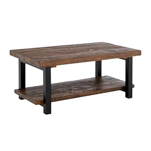 Pomona Rustic Industrial Modern Vintage Metal and Solid Wood Coffee Table, Easy Assembly, 42 in x 24 in x 18 in ,Brown