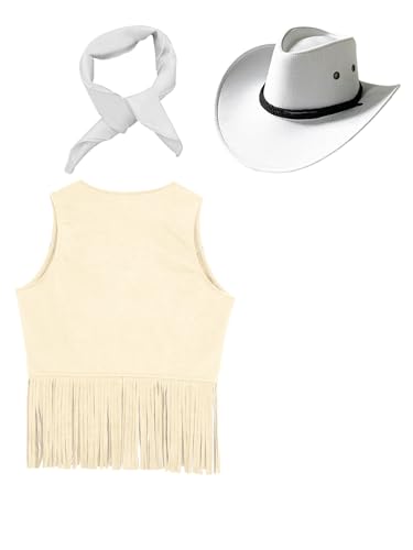 renvena Kids Western Cowboy Cowgirl Outfits Fringe Rivets Vest Cardigan with Cowboy Hat Bandanna Set4