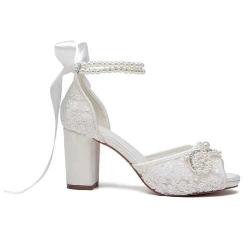 Image of Lace Pearl Wedding Shoes for Bride High Heel Bridal Shoes Peep Toe Platform Wedding Heels