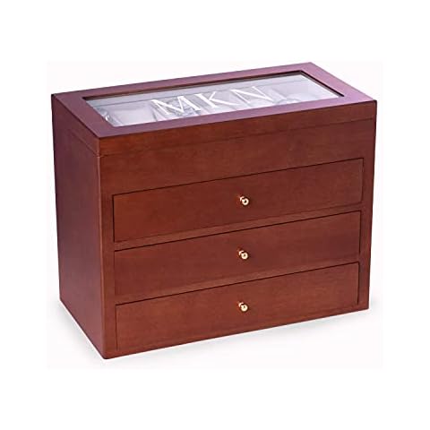 Bey-Berk Custom Personalized Solid Wood Watch Box Organizer with Glass Display Top (48 Watches) Cover