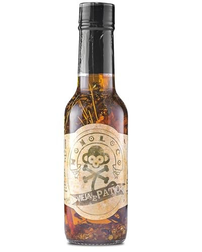 Chile Monoloco - Vieja e’ Patio Hot Sauce Olive oil bottle (The old lady who gossips Hot Sauce) Mild Hot Sauce (pack of 1) 5 oz glass bottle.