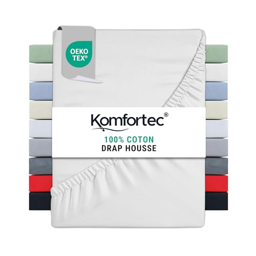 Komfortec Drap Housse Lit 90x200 cm - Jersey 100% Coton 135g/m² - Certifié Oeko-Tex - Bonnet 30 cm - Drap Lit avec Élastique pour Matelas Épais - Blanc