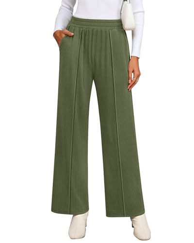 Ficerd Women's Wide Leg Lounge Pants with Pockets, Casual Work Baggy Pant Elastic Waist Sweatpants Loose Ribbed Trouser