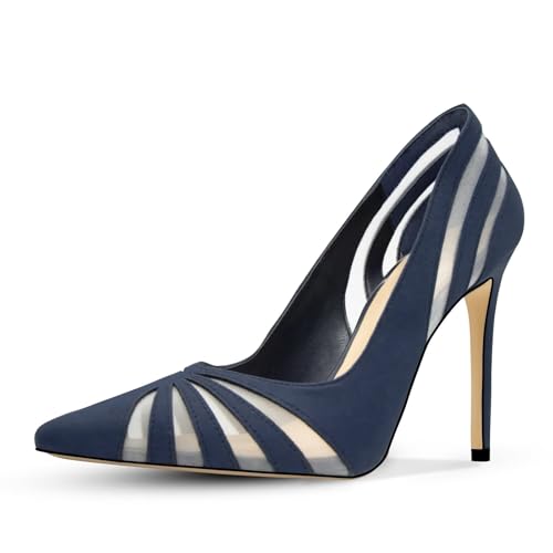 HOCHFART Women's Stiletto Heels Pumps Sexy Mesh Closed Pointed Toe 4.3 Inch High Heels Pumps for Office Work Daily, Size 11, Navy