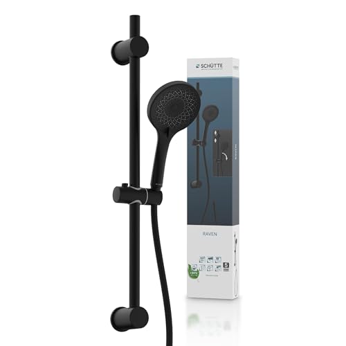 SCHÜTTE RAVEN Duschstange und Handbrause | Duschbrause mit 3-fach verstellbarem Duschkopf | Brauseset mit Duschsäule | Regendusche Duschpaneel mit Schlauch | Schwarz