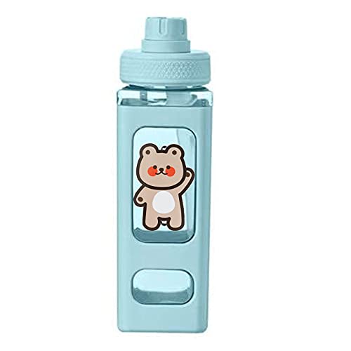 OADAA Large Kawaii Water Bottle with Straw and Kawaii Sticker, Kawaii Bear Water Bottle with Straw Sports Plastic Portable Square Drinking Bottle for Girl (Blue,700ML) Cover