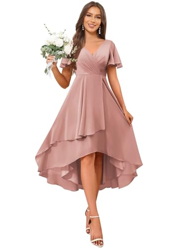 V Neck Short Bridesmaid Dresses with Ruffle Sleeves Chiffon Pleated High Low Formal Evening Gowns