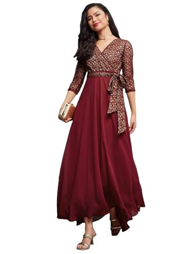Image of Miss Chase Women's Floral Printed Relaxed Fit V-Neck 3 /4th Sleeve Maxi Dress