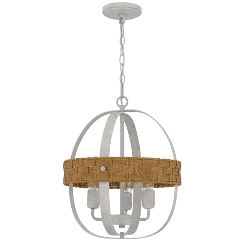 Benjara Baty Chandelier, 3 Light Rustic Rattan, Round White Metal 18 Inch