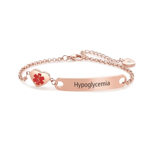 NARTGO Rose Gold Heart Medical Alert Hypoglycemia Bracelet for Women Emergency First Aid Health Alert Engraved Stainless Steel Adjustable Chain Bracelets