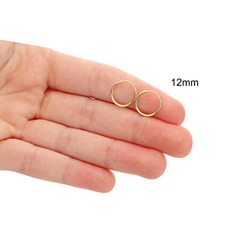 14k Gold Thin Continuous Endless Hoop Earrings, Two Pair Set Popular Small Sizes 10mm and 12mm Hoops4