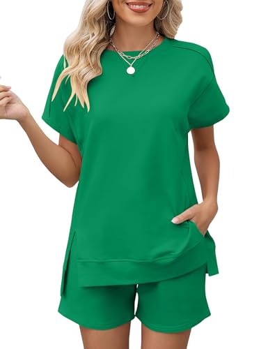 Image of LOMON Womens Fashion 2 Piece Outfits Sweatsuits 2026 Summer Short Sleeve Loungewear Tracksuit Round Neck Lounge Shorts Sets