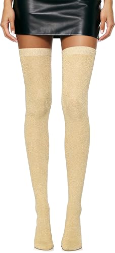 Glamorstar Thigh High Socks for Women Shiny Over Knee Stockings Sparkly Long Boot Socks Yellow Silver