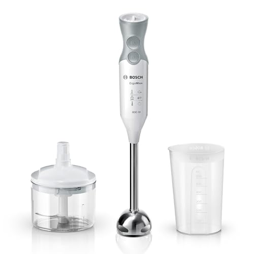 Bosch Mixeur plongeant ErgoMixx, moteur 600 W, 12 vitesses et fonction turbo, hachoir, gobelet doseur, blanc, MSM66120