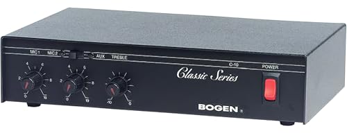 Bogen C10 Public Address Mixer Amplifier, 10 Watts, Commercial PA Amplifier, Transformer Output Taps 4/8/16 Ohm, 25V 70V, Treble and Bass Controls, Thermal Protection, Rack Mountable