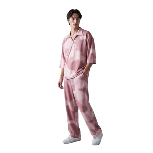 Image of Men's Tie-Dye 2-Piece Set, Short Sleeve Zip Polo Top and Drawstring Trousers, Pink, Casual Style