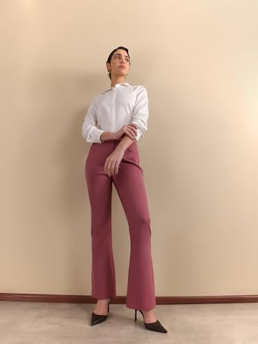Image of FableStreet Women Formal Trousers | Flared Mid-Rise Design with Belt Loops & Plain Hem | Solid Pattern & Woven Construction | Office Wear & Business Meetings