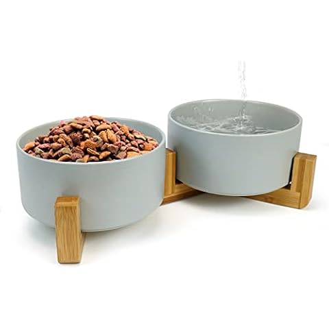 Hundenapf Keramik 850ML Doppel Futternapf Fressnapf Wassernapf Napf für Hund Katzen mit Bambus Ständer (850ML,2-Grau) Cover