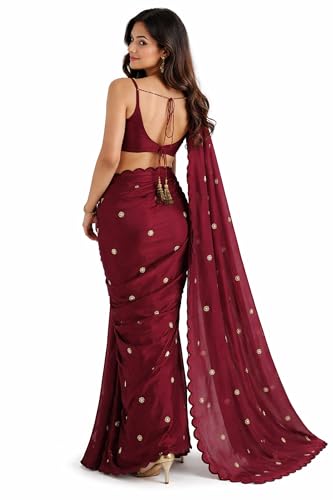 Image of Women's Pure Fandy Satin Sequin Embroidered work Saree with Dupion Unstitched Blouse Piece