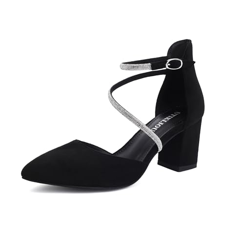 UTIKLIOU Dress Shoes for Women Low Heel Pumps Wedding Shoes Rhinestone Ankle Strap Pointed Toe Chunky Heels