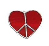 Red Heart Shaped Peace Sign Handmade Opaque Stained Glass Sun Catcher Ornament