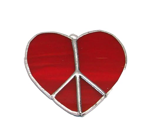 Red Heart Shaped Peace Sign Handmade Opaque Stained Glass Sun Catcher Ornament