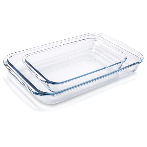 WOPPLXY 2 fuentes de cristal para horno de 3 L grandes + 1,6 L pequeñas rectangulares para lasaña (transparente)