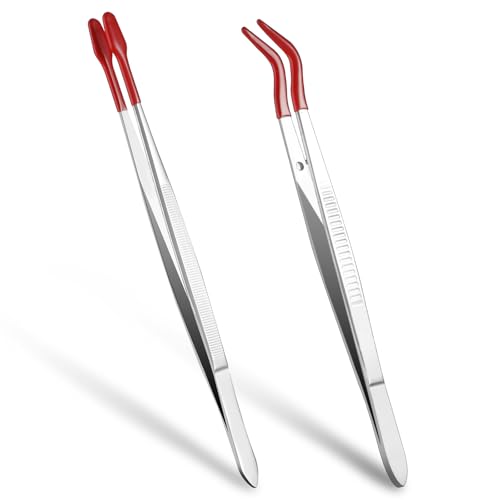 YUXIANLB 2PCs Tweezers with Rubber, PVC Rubber Tipped Tweezer Set, Long Bent Tip Tweezer and Straight Flat Tip for Stamp Coins Jewelry Hobby Crafts Industrial Electronic Precision Craft Tweezers