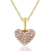 Jewelili 10k Yellow Gold Swarovski Elements Crystal 10mm with Puffed 14k Gold Filled Chain Heart Pendant