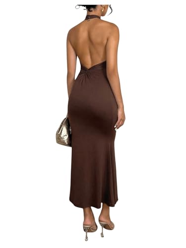 GORGLITTER Women's Open Backless Bodycon Graduation Maxi Dresses 2025 Ruch Halter Neck Sleeveless Ribbed Prom Dress