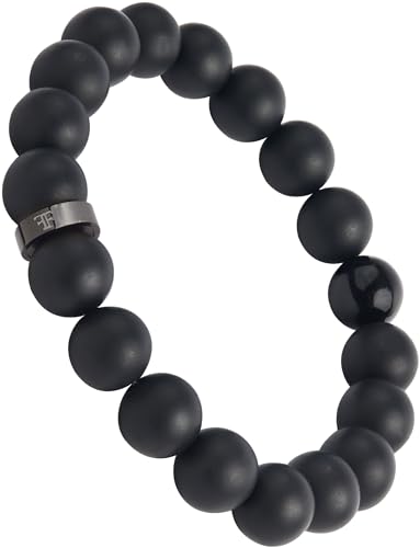 Forge & Foundry Men’s Matte Black Solid Onyx Beaded Bracelet | 10mm, 8mm, 6mm Bead Size Options | Signature Stainless Steel Engraved Bead | Andalus