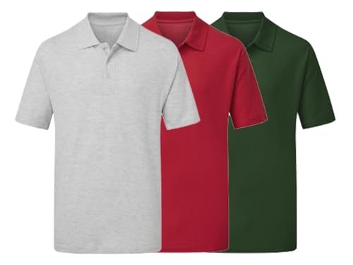 Image of NGWorld Pack of 3 Unisex Short Sleeve Polo Shirts - Bottle Green/Heather Grey/Red - 5XL