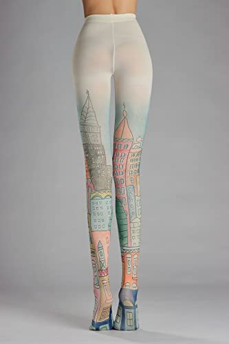 Sahabowi Digital Print Pantyhose For Women, Sheer High Waist Tights, Control Top Stockings, Super Elasticity&Thin (Lw2022100407, Buildings Patterned , 1Ps) #TOP4