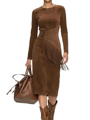 Generisch Robe midi pour femme style western en suédine vintage, col rond, manches longues, robe moulante à franges, marron, M