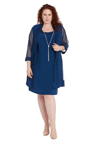 Image of R&M Richards Women's Elegant 2-Piece Shift Dress with Pleated Shimmer Duster Jacket for Mother of the Bride, Cocktail Attire
