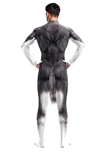 Image of Animal Full Bodysuit for Men Muscle Spandex Jumpsuit Furry Costume with Big Tail for Adult Cosplay Halloween Party