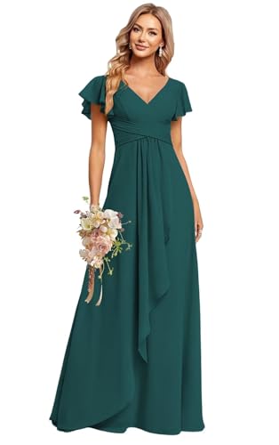 CuteMe Peacock Bridesmaid Dresses with Pockets A Line Short Sleeve Pleated Corset Formal Dress for Engagement Party Empire Waist V Neck Maxi Dress 14