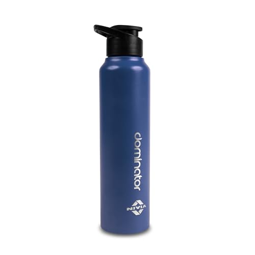 Nivia Dominator Stainless Steel Water Bottle 1000ML with Sipper, Durable, Leak-Proof, Easy Grip, Easy-to-Clean, Odour-Free Bottle with Secure Cap for School, Travel, Gym & Work (Navy Blue)