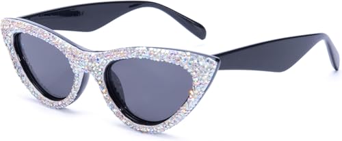 ICARA Fashion Rhinestone Sunglasses Women Sexy Crystal Sparkling Trendy Retro Cateye Party Sunglasses (AB)