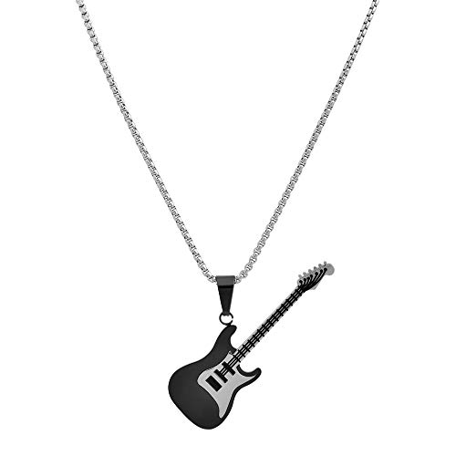 Magna Steel Men's Stainless Steel Rock Electric Guitar Bass Pendant Necklace With 24" 3Mm Box Chain, Black #TOP1