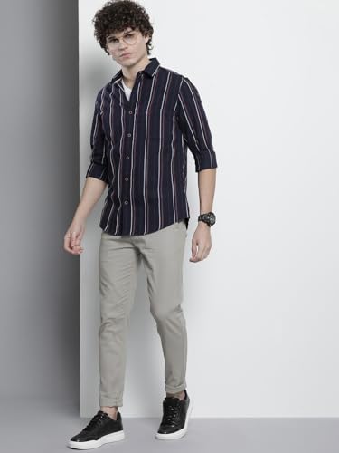 Image of The Indian Garage Co Men Slim Fit Solid Mid-Rise Elasticated Linen Trousers