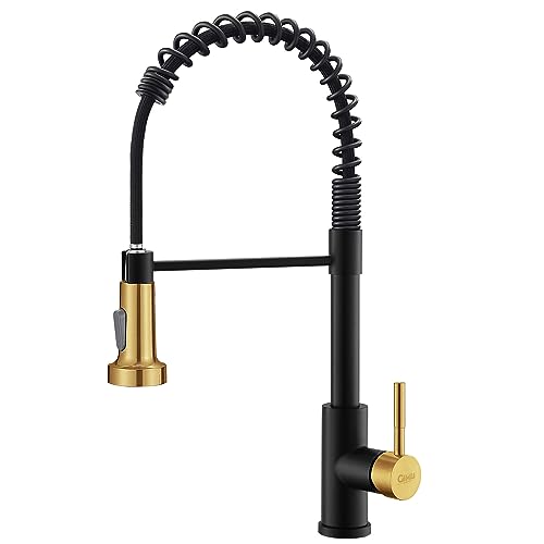 GIMILI Kitchen Faucet with Pull Down Sprayer Single Hole Stainless Steel Sink Faucet, Suitable for Farmhouses, RV, Laundry Room, Outdoor, and Campers. Llave para fregadero de cocina Black and Gold