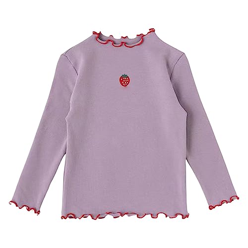 Little Girls Wooden Ear Edge Trim Shirts Cute Cotton Round Neck Stretch Blouse Long Sleeve Casual Birthday Outfits for Kids